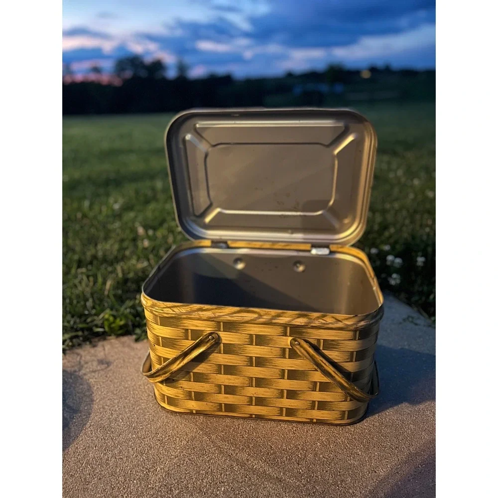 Vintage Metal Picnic Basket Tin Faux Basket Weave Litho Yellow Brown Hinged Lid